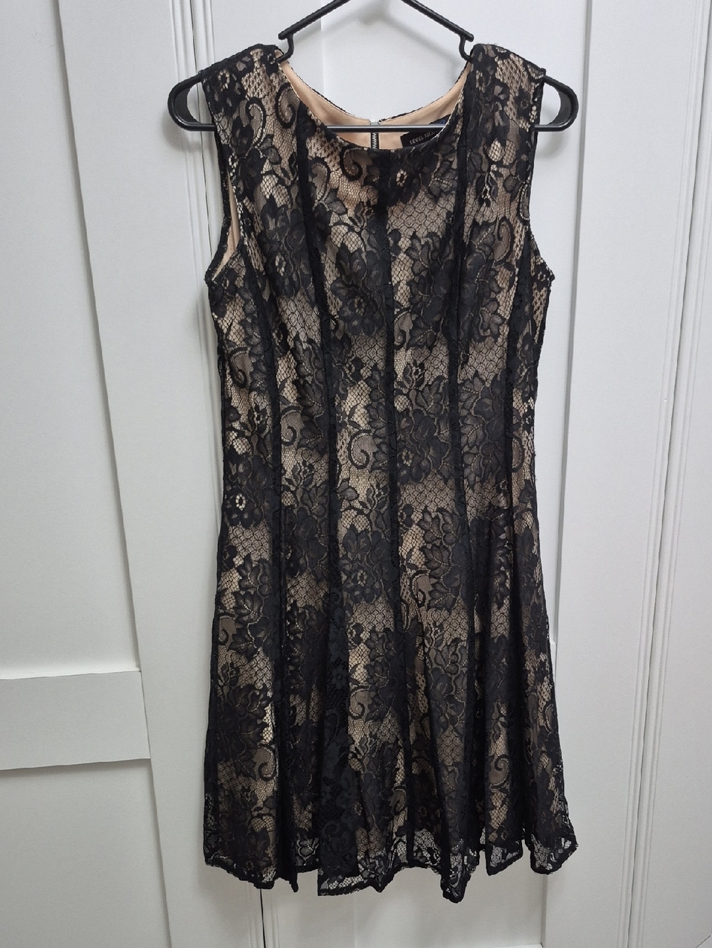 Black Lace Overlay Mini Dress with Nude Lining